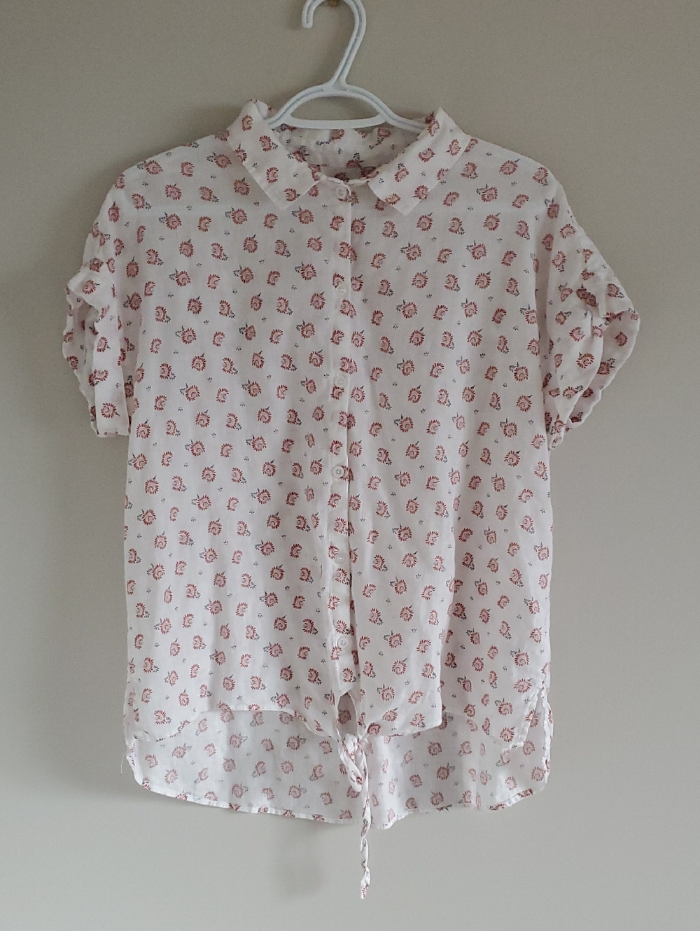 Jachs Girlfriend White Linen Blend Button-Up Blouse with Pink Floral Motif Sz L